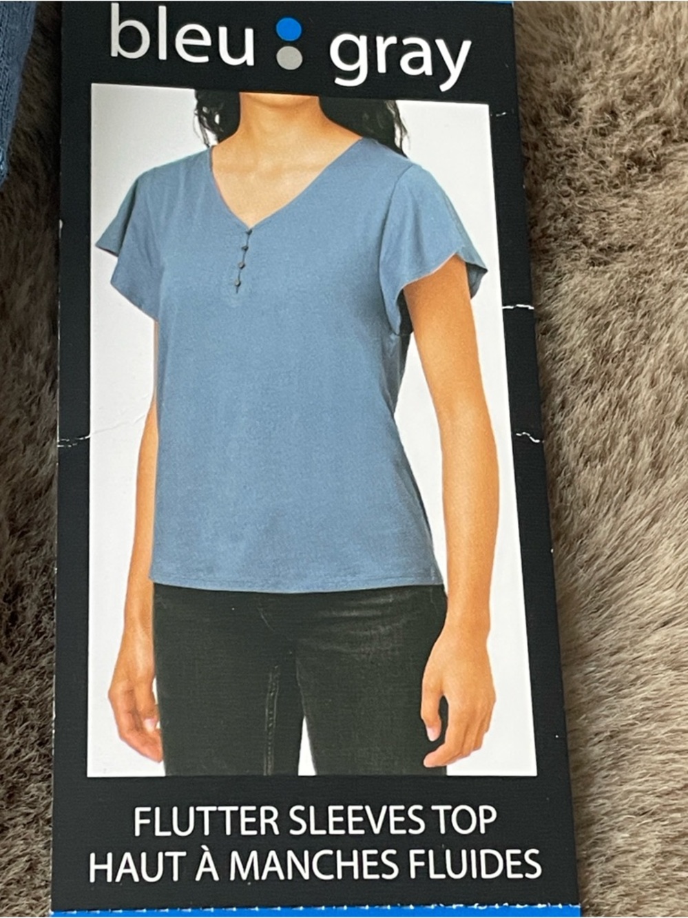 Bleu Gray Floral V-Neck Button Front flutter sleeve top.